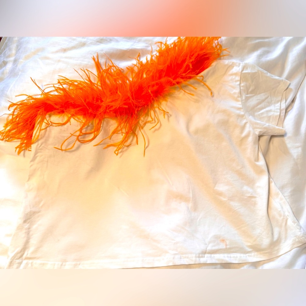 Never worn! White off the shoulder top with orange feathers around neck!